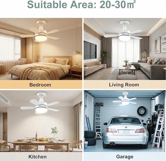 17.7" Socket Fan Light, 3000 Lumens Small Ceiling Fans with Lights and Remote, E26/E27 Light Bulb Fan with Reversible Motor, Dimmable 3000K-6500K Light Socket Fan for Bedroom Kitchen Garage