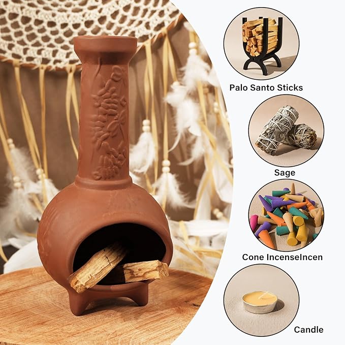 MOUGIGI Handmade Terracotta Palo Santo Holder & Mini Chiminea Incense Dish-Elegant Cone Burner for Palo Santo Sticks & Sage-Ideal for Energy Cleansing, Yoga, Meditation,Zen,Altar Decor & Aromatherapy