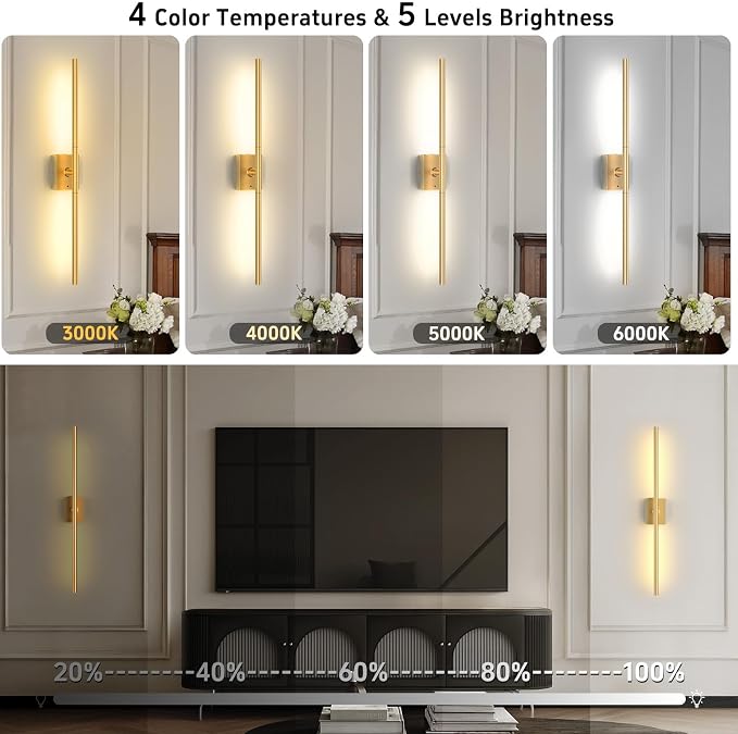 Battery Operated Wall Sconces Set of Two: Dimmable Wireless Wall Lights with Remote, 31-inch LED Rechargeable Sconces, 360° Lighting Wall Scone Decor for TV, Mirror, Bedroom, Living Room(Gold)