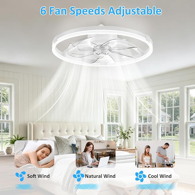 20'' Low Profile Ceiling Fan with Lights, Ceiling Fans with Lights and Remote, 3000-6500K Dimmable Modern Flush Mount LED Fan Lights, 6 Wind Speeds Ceiling Fans for Bedroom