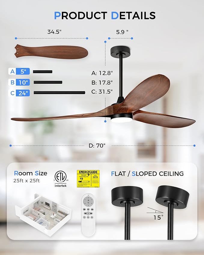 70 Inch Modern ABS Ceiling Fan with Lights and Remote, DC Motor Large Ceiling Fan, 3CCT Dimmable LED Indoor Outdoor Ceiling Fan for Living Room, Patio & Covered Porch, ZCCF08WD-70
