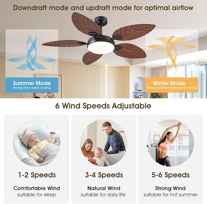 52"Brown Tropical Outdoor Palm Leaf Ceiling Fans with Lights and Remote | Supports Remote and APP, 6 Wind Speeds, Reversible, Dimmable 3CCT LED, 50W Quiet DC Motor,Suits for Living Room Bedroom Patio