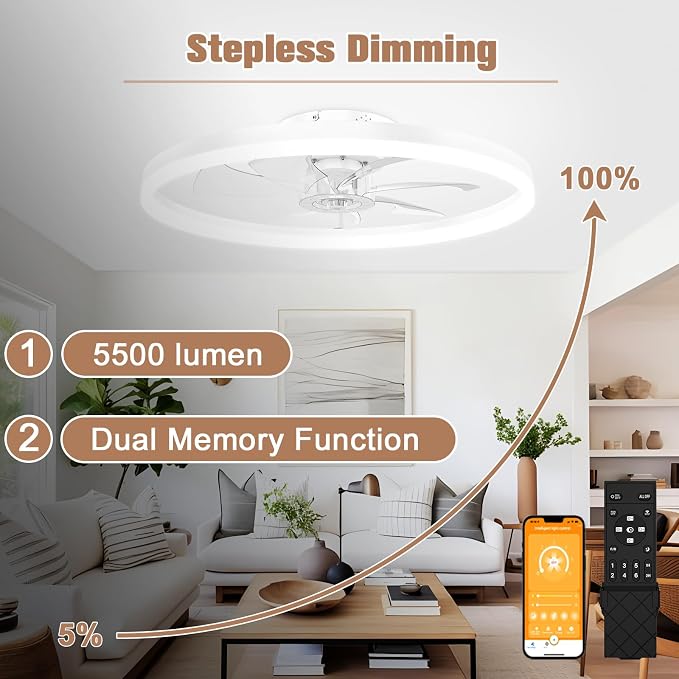 VOLISUN Low Profile Ceiling Fans with Light and Remote,No Assembly,23.6in Bladeless Ceiling Fan with Lights,3000K-6500K Dimmable Flush Mount LED Fan Light,White Fandelier Ceiling Fans for Bedroom