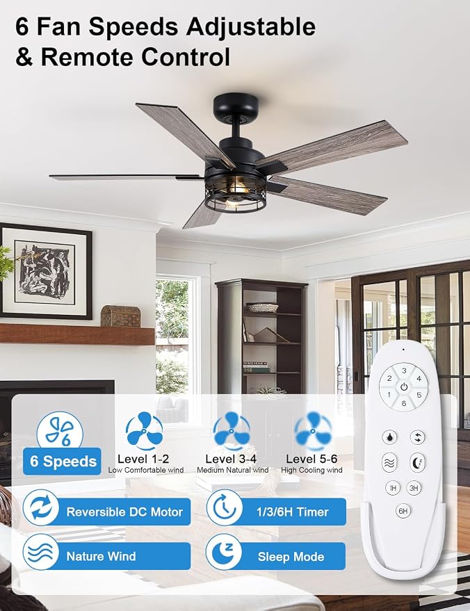 46 Inch Farmhouse Ceiling Fans with Lights and Remote, Black Industrial Caged Rustic Ceiling Fans for Bedroom, Living Room, 6-Speed Reversible Quiet DC Motor, Rustic Design