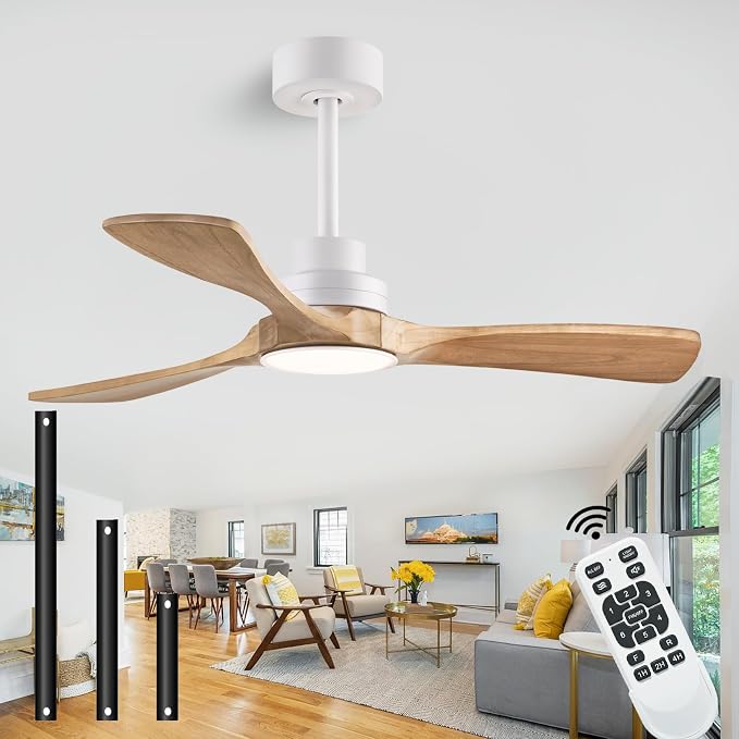 42-inch Quiet 3-Blade Solid Wood Ceiling Fan with Light and Remote Control | 3CCT dimming and color temperature adjustment, mobile app, full memory function, for use in the living room and bedroom