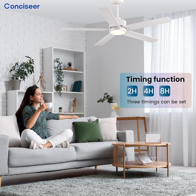 Conciseer Modern Ceiling Fans with Lights,52 Inch Ceiling Fans with Remote for Bedroom Living Room Kitchen, 18W 6CCT Dimmable，5 Blades 6 Speed Reversible Quiet DC Motor White