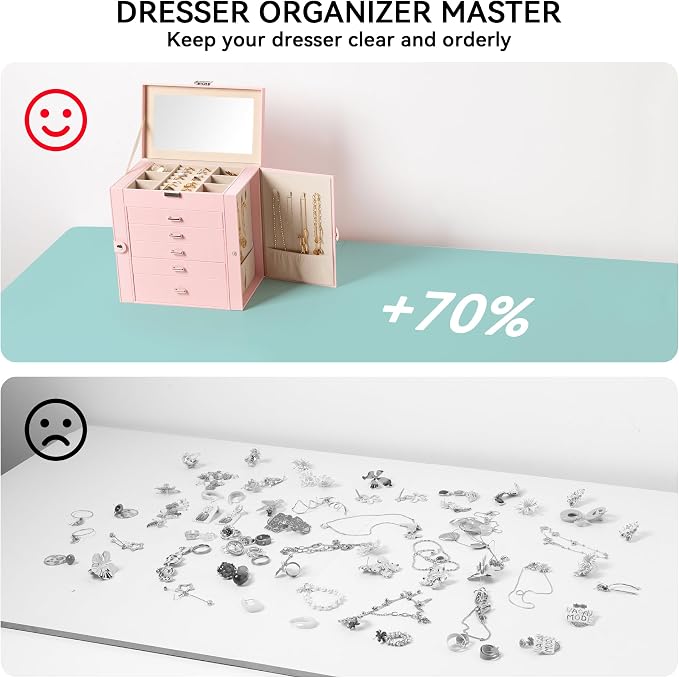 Frebeauty 6-Layer Jewelry Box for Women,Large Jewelry Organizer with Drawer | Faux Leather,Built-in Mirror,Spacious Jewelry Storage,16 Necklace Hooks,Organizing by Category for Rings Earrings Bracelet