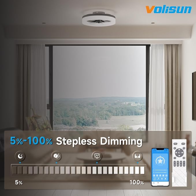 VOLISUN Low Profile Ceiling Fans with Lights and Remote, 15.7in Fandelier Ceiling Fan with Light, 3000K-6500K Dimmable Bladeless LED Fan Light, Black Flush Mount Ceiling Fans with Lights for Bedroom