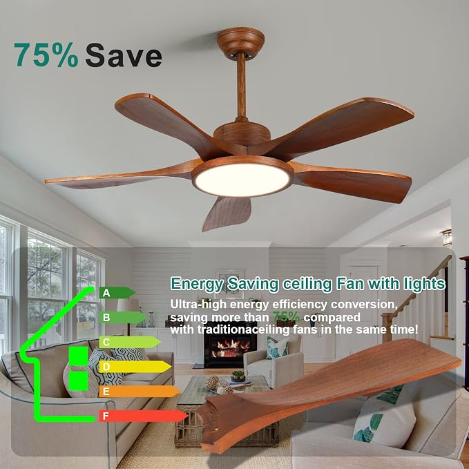 Wood Ceiling Fan with Lights and Remote Control 5 Solid Wooden Blades 42 Inch Modern Farmhouse Outdoor Ceiling Fan Light for Patios Living Room FCC Reversible DC Motor
