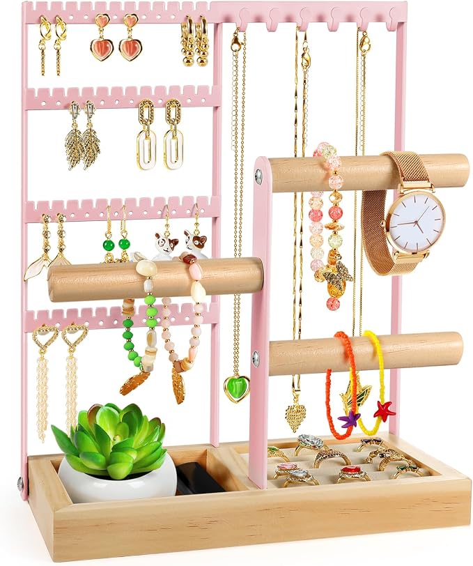 Godboat Jewelry Stand - 48 Holes Earring Holder, 4-Tier Necklace Organizer | 6 Hooks Jewelry Organizers and Storage, Bracelet Ring Rack with Wood Box, Preppy Gift Room Decor for Teen Girls Women, Pink