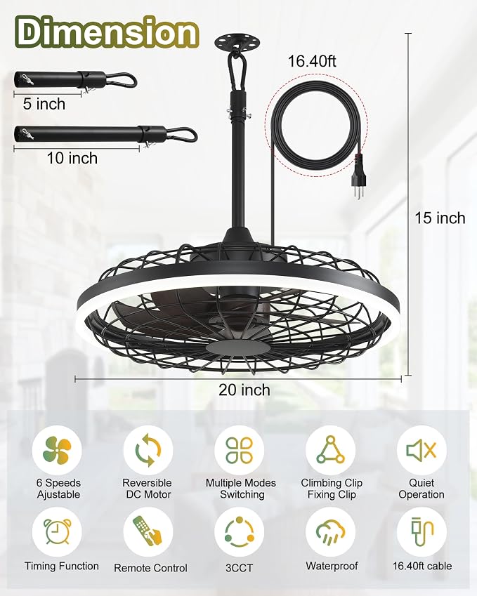 20" Gazebo Fan With Light Waterproof Ceiling Fan,5 Blade,Dimmable Color,3CCT,Alexa/Google,Dark Walnut Plug In Caged Outdoor Fan for Patio Backyard Family Reunions Parties