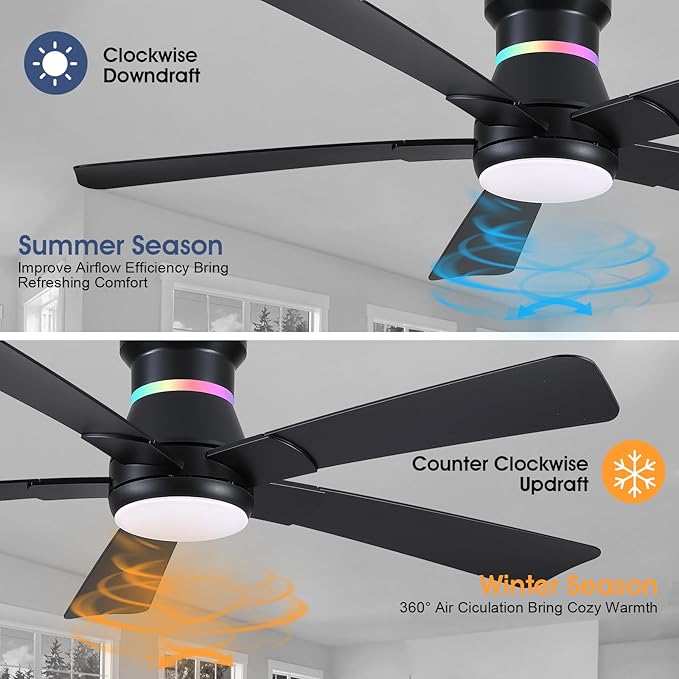 Surtime 52" Black Ceiling Fans with RGB Lights - Flush Mount Ceiling Fan Light with LED 3CCT Dimmable, Modern Low Profile Ceiling Fans for Indoor Party,Covered Outdoor