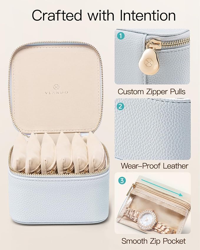 VLANDO Travel Jewelry Case,Travel Jewelry Organize with 6 Velvet Jewelry Zipper Pockets,Premium Petal Hardware Jewelry Case for Birthday Wedding Graduation Gifts-Baby Blue