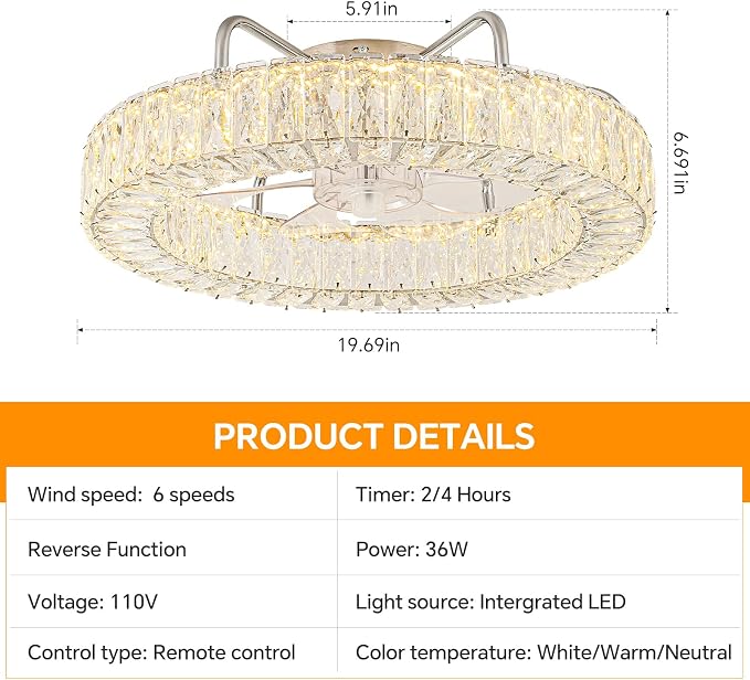 D21 Inch Fandelier Ceiling Fan with Lights and Remote Control Dimmable Crystal Ceiling Fan LED 3 Color 6 Speeds Chandelier Fan Bedroom Kitchen Living Room