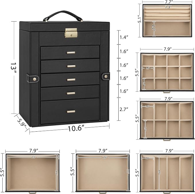 AKOZLIN Large 6-Tier Jewelry Box Lockable Leather Jewelry Storage Case with 5 Drawers for Women Girls Ring Necklace Earring Bracelet Holder Organizer with Mirror