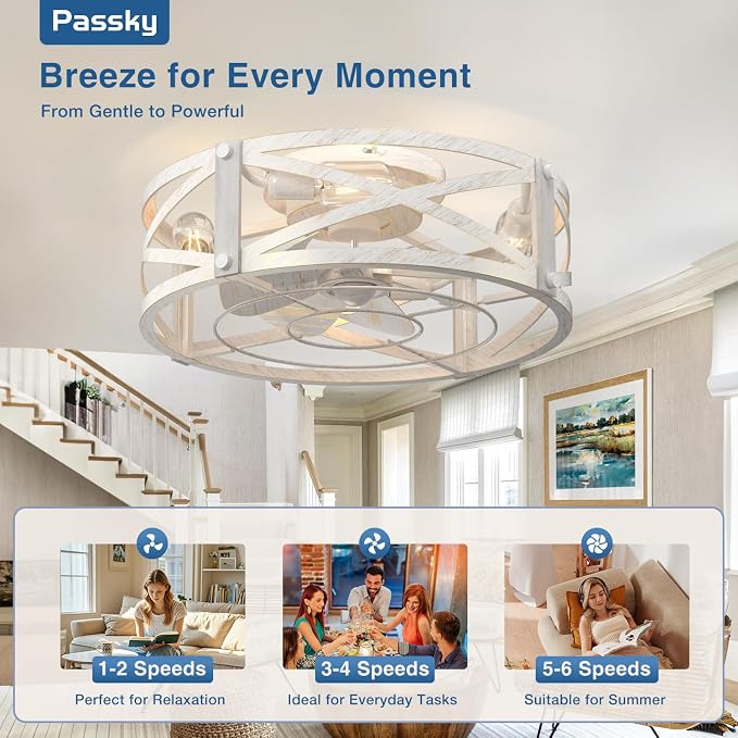 Passky 20" Farmhouse Flush Mount Ceiling Fans with Lights and Remote, Industrial White Caged Low Profile Fandelier, 6 Speeds Bladeless Ceiling Fan for Bedroom, Kitchen, Living Room