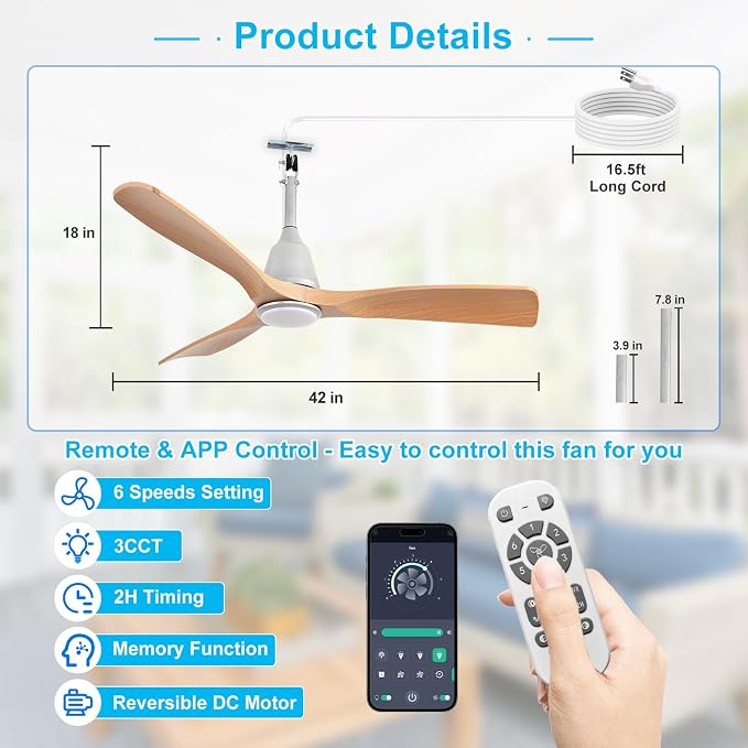 Depuley Outdoor Ceiling Fan with Lights: 42" Silver Gazebo Fans Outdoor Hanging with Remote APP Control - Plug in Waterproof Fans with Light for Patio Porch Reversible Wood Blades 3CCT 6 Speeds Timer