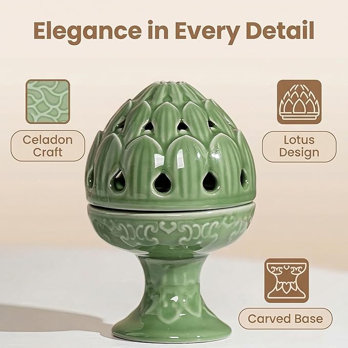 Mini Ceramic Incense Burner - Chinese Classic Plum Green Celadon Glaze, Fragrance Cone & Stick Holder Palo Santo/Sage/Herb Burner for Meditation, Yoga, Desk Decor, Zen Relaxation Gift (Lotus)
