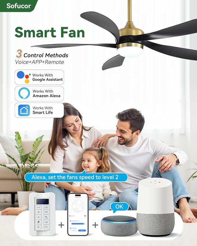 Sofucor 52" Smart Ceiling Fan, Indoor/Outdoor Ceiling Fans with Lights and Remote, Compatible with Alexa/Google/App, 3-Color Light 6-Speed Timing Reversible DC Motor for Bedroom Living Room Patio
