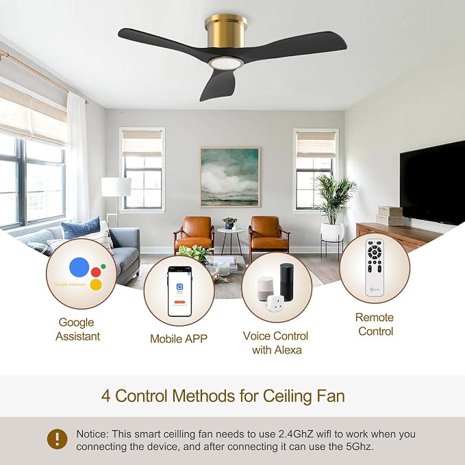 OFANTOP 52 Inch Flush Mount Smart Black Gold Ceiling Fan with Light Remote | Whisper-Quiet & Powerful Airflow, 3-Color Dimmable LED with Memory, Reversible Motor, Timer, for Bedroom Living Room