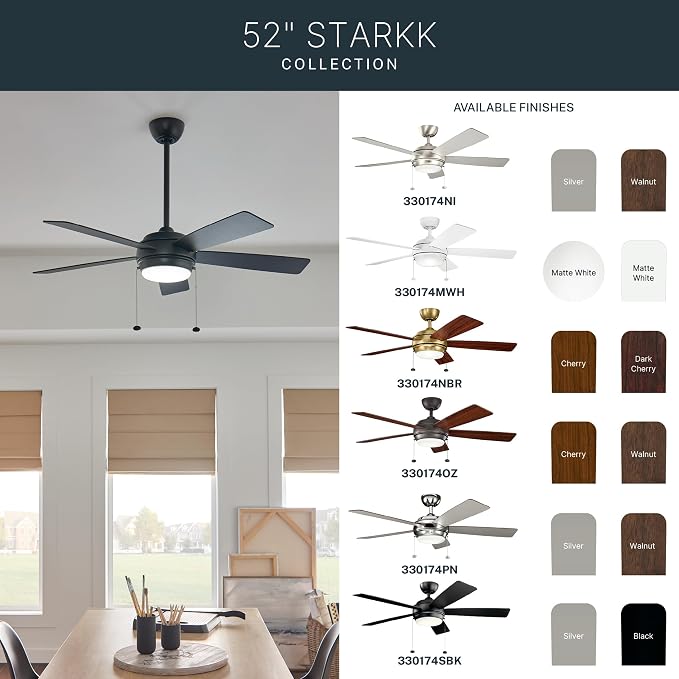 Kichler Starkk 52" Ceiling Fan with LED Lights in Brushed Nickel, 5-Blade Traditional Fan with reversible Silver/Walnut blades, 3000K, (52" W x 13.75" H), 330174NI