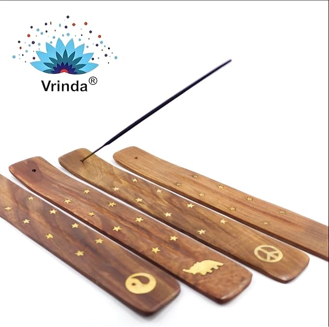 Vrinda® Handmade Wooden Incense Stick Holder with Assorted Inlaid Design –Incense Stick Burner - Ideal for Aromatherapy, Meditation - Ornamental piece for Home, Office Decor 10"(Pack of 12)
