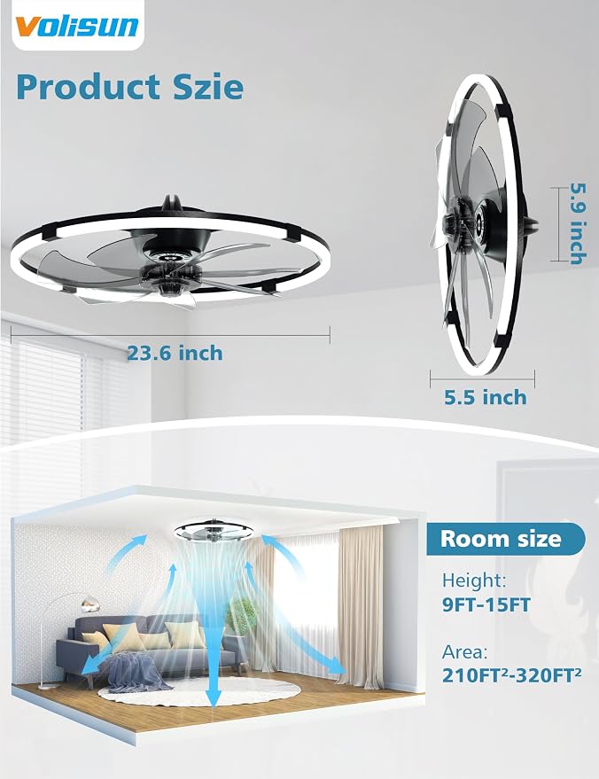 VOLISUN Low Profile Ceiling Fan with Lights and Remote, 23.6in Bladeless Ceiling Fans with Light Flush Mount, Dimmable Modern LED Fan Light, Black Fandelier Ceiling Fans for Bedroom,Living Room