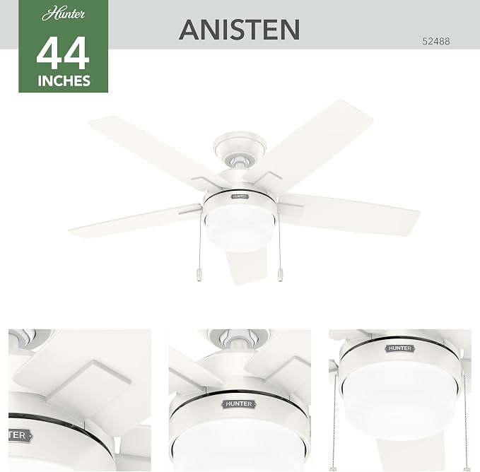 Hunter 44 inch Indoor Ceiling Fan with LED Light - White Ceiling Fan with Pull Chain, for Bedroom or Living Room, Standard Mount, No Remote, 5 Blades, Includes Bulbs - Anisten 52488, Fresh White | Standard Mount, Pull Chain, 5 Blades, For Bedroom, Livi...