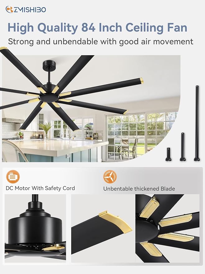 ZMISHIBO 84 Inch Industrial DC Motor Ceiling Fan, Large Ceiling Fan with 8 Reversible Blades, 3 Downrods, 6-Speed Remote Control, Home or Commercial Ceiling Fans for Porch/Garage/Shop, Black and Gold