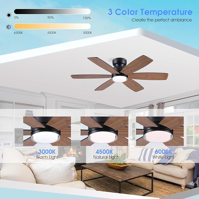 Kviflon 46" Rustic Ceiling Fans with Lights, Low Profile Flush Mount Ceiling Fan with Remote/APP Control, 6 Reversible Double-sided Blades, 3 CCT Dimmable LED Lights for Living Room Farmhouse, Brown