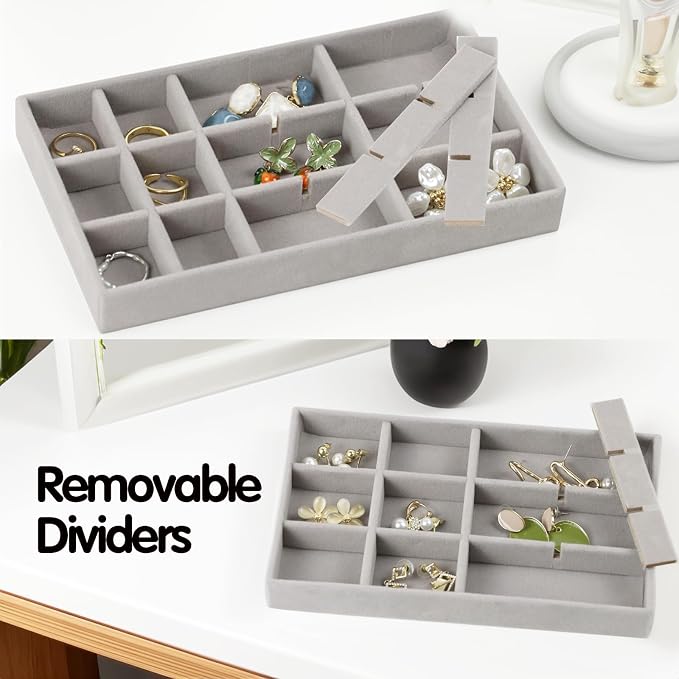 Set of 8 Stackable Jewelry Organizer Trays with 1 Lid for Drawer & Dresser Organizer, Adjustable Velvet Jewelry Box Tray Earring Organizer Necklace Storage Ring Bracelet Display Case (Gray)