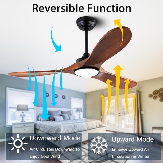 QUTWOB 42" Wood Ceiling Fan with Light, Reversible DC Motor, Remote Control | solid wood blades, quiet 6-speed reversible dc inverter motor, remote control, 3-color led, for indoor outdoor patio garage