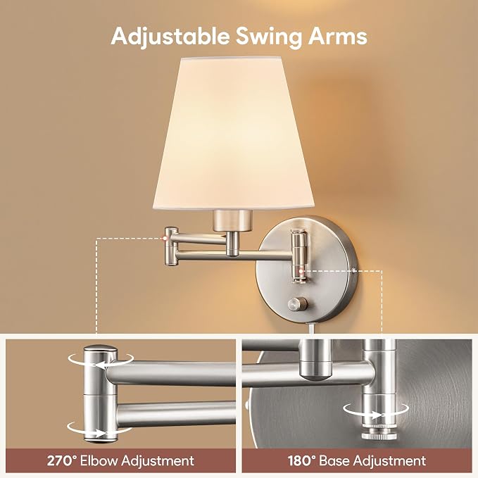 VONLUCE Modern Adjustable Swing Arm Wall Lamp Brushed Nickel, Plug-in Wall Sconce Lighting for Bedroom Bedside, Living Room, Kitchen, Hallway, Wall Mounted Light Fixtures with White Fabric Shade