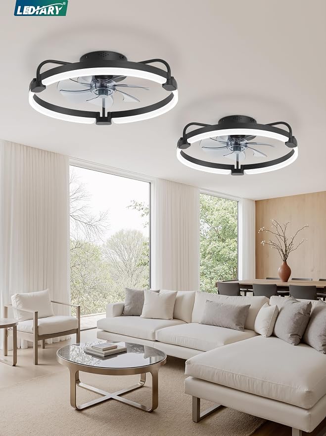 LEDIARY 2 Pack Ceiling Fans with Lights and Remote, 20'' Low Profile Ceiling Fan with Light, 3000-6000K Dimmable Fandelier LED Fan Light, 6 Wind Speeds, Black Flush Mount Ceiling Fan for Bedroom