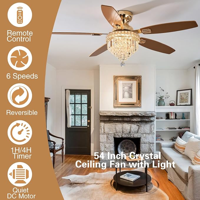Crystal Ceiling Fan Fandelier with Lights-Ceiling Fans with Lights,54" Low Profile and Remote Control, Flush Mount, Reversible, Dimmable, Noiseless,Gold Ceiling Fan for Bedroom