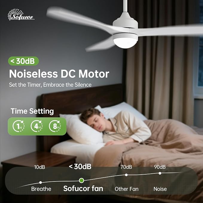 Sofucor 52" Solid Wood Ceiling Fan Lights, Flush Mount & Downrod Mount Ceiling Fan with Lights and Remote, Wood Blades Modern Outdoor Ceiling Fans for Bedroom/Farmhouse/Patio/Indoor