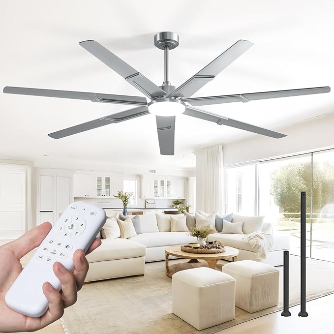 Amico Ceiling Fans with Lights,74 inch Nickel Ceiling fan with Light and Remote, 6 Speed Reversible DC Motor, 3CCT, Dimmable, Quiet, Timer, Outdoor Ceiling Fan for Patio, Living room, Indoor/Outdoor