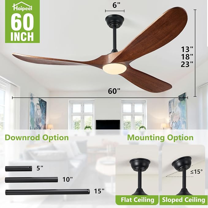 Haipeel 60 Inch Outdoor Ceiling Fans with Lights, Solid Wood Propeller 3 Blades Ceiling Fans with Lights and Remote Control Outdoor Fan for Patios Indoor, High CFM ETL Listed, Dark Walnut
