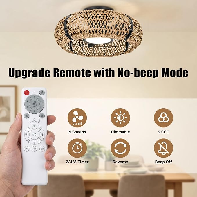 ocioc 20" Fandelier Ceiling Fans with Lights and Remote,Caged Ceiling Fan with Light,Flush Mount Low Profile,Bladeless,Quiet Reversible DC Motor,Boho Rattan Ceiling Fan for Bedroom,Living Room