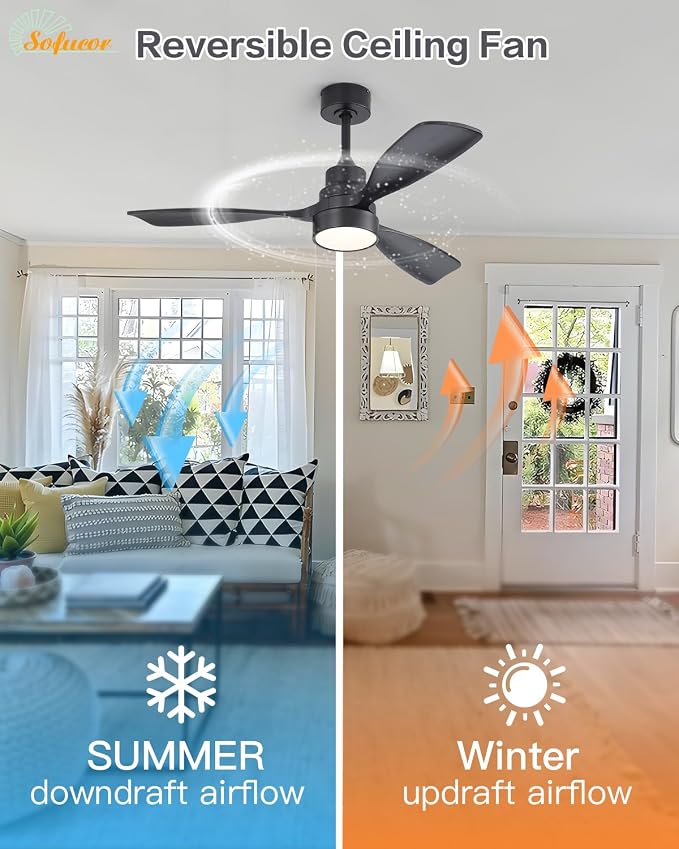 Sofucor 48 Inch Ceiling Fan with Lights and Remote Control, Black | Flush Mount&Downrod Mount, Solid Wood Blade, 1/4/8 H Timer, Quiet DC Motor, Indoor Outdoor Bedroom/Living Room/Patio/Kitchen
