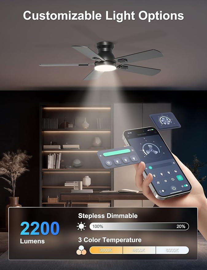 42'' Black Flush Mount Ceiling Fan with Lights for Kids Room | App/Remote Control, Low Profile, Space-Saving, Quiet DC Motor, 3CCT Dimmable, 6 Speeds Modern Overhead Fan for Low Ceilings