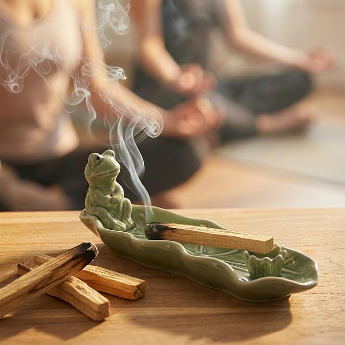 Frog Incense Holder for Sticks, Handmade Ceramic Holder for Burning Sage Sticks, Palo Santo, Cone and Backflow, Incense Burner for Meditation Room Home Decor, Frog Spiritual Gifts for Women