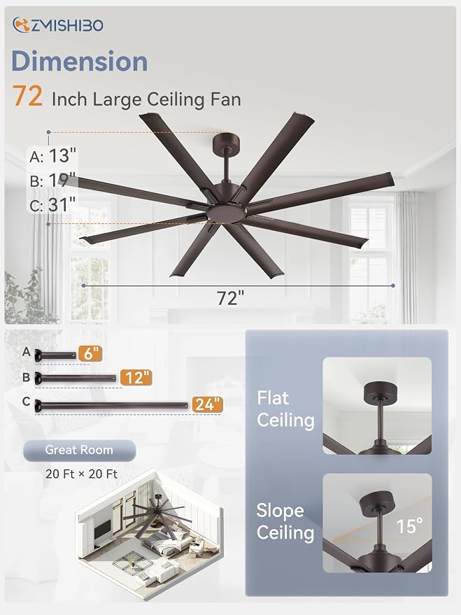 ZMISHIBO 72 Inch Ceiling Fan No Light, Large Ceiling Fan with Remote, Quiet DC Motor, and 6 Speeds, Indoor/Outdoor Industrial Ceiling Fans 8 Aluminum Blades for Patio, Garage, Shop,Oil-bronze