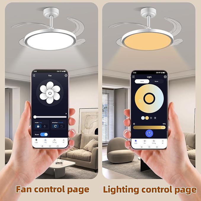 BAYSQUIRREL Slim Retractable Ceiling Fan with Lights and Remote/APP Control, 6 Speed Dimmable Reversible Memory, 42 Inch Modern Silent Smart Fan for Bedroom Living Room Dinning Room