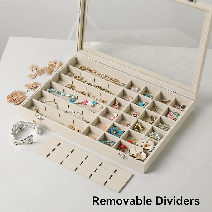 Frebeauty 48 Grid Earring Organizer,Velvet Jewelry Tray with Clear Lid | Drawer Jewelry Organizer for Rings Studs Beads,Adjustable Dividers,Dustproof,Earring Storage,Trinket Box,13.8×9.5Inches
