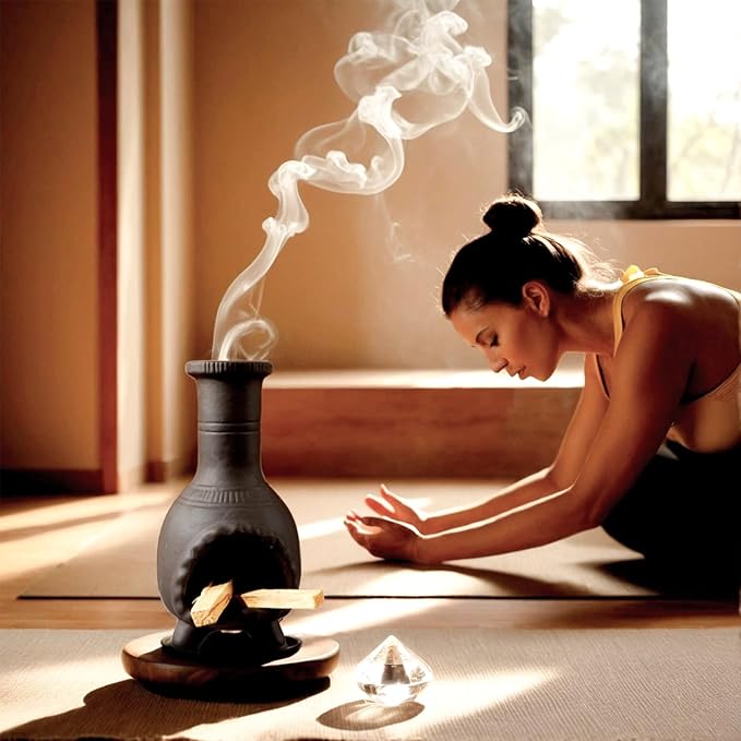 MOUGIGI Handcrafted Palo Santo Burner–Mexican Style Clay Incense Dish for Aromatherapy and Stress Relief–Compatible with Wood Sticks, Sage,Cone Incense–Mini Home Altar with Unique Chimney Design
