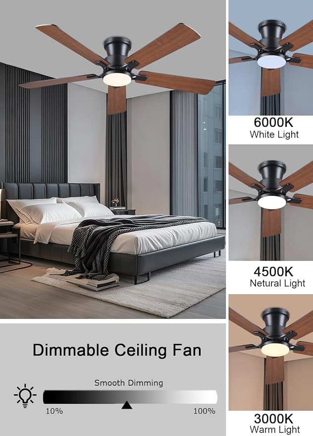 JSAITEE 52Inch Ceiling Fan with Lights Flush Mount Low Profile Brown | Ceiling Fans,DC Reversible Motor, 3CCT Dimmable, Fan for Indoor Bedroom/Outdoor, Brown
