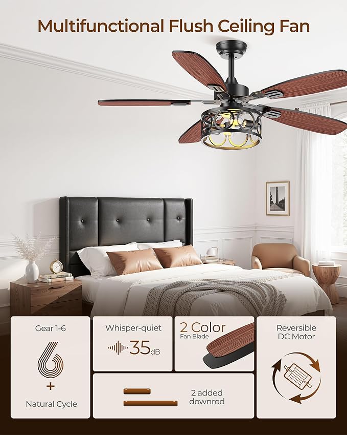 Ceiling Fans with Lights and Remote, 42'' Vintage Caged Ceiling Fan with Light, 5 Blades, 6+1 Speed, Flush Mount Ceiling Fan Whisper-quiet for Farmhouse, Living Room, Kitchen and Porch (42 Inch)