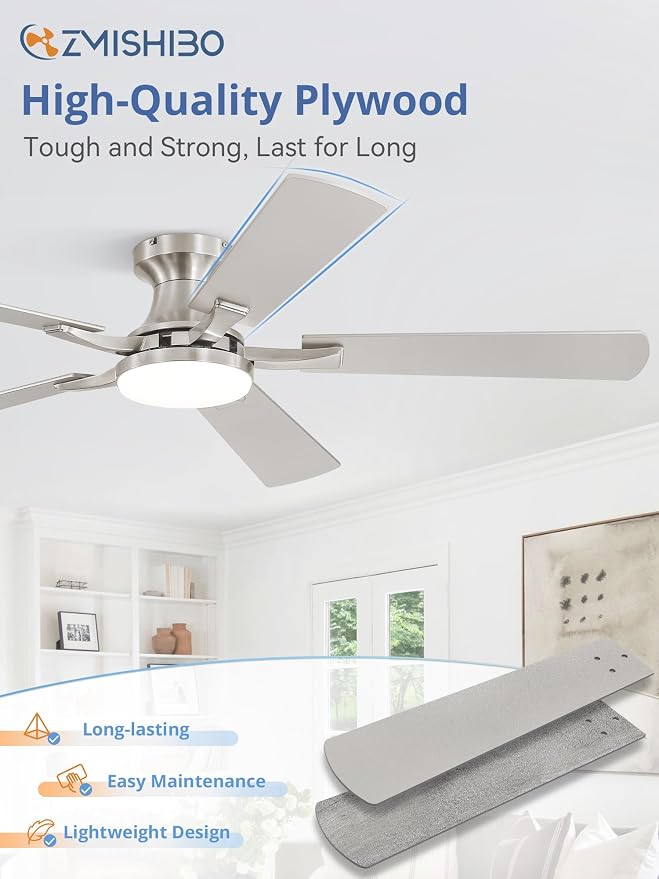ZMISHIBO 52 Inch Ceiling Fan with Light, App&Remote Control, Flush Mount Low Profile, Dimmable 20W LED Light, Quiet Reversible Motor for Bedroom, Living Room, Apartment, Nickel