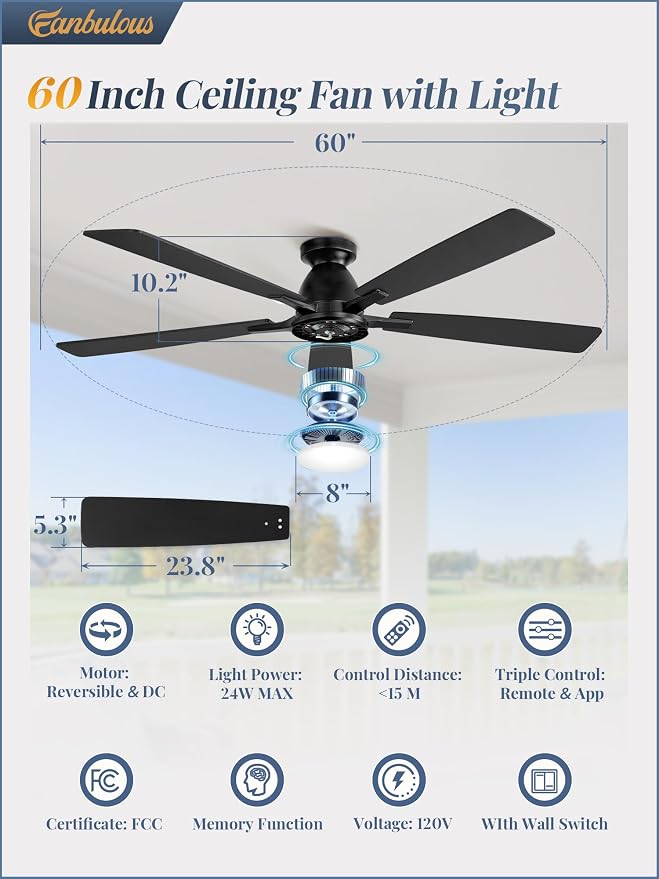 Fanbulous 60 inch Ceiling Fans with Lights, Smart Flush Mount Ceiling Fan and Remote APP, Modern Low Profile, 3CCT 20W LED with 6-Speeds Quiet Reversible Motor for Bedroom, Living Room, Kitchen, Black